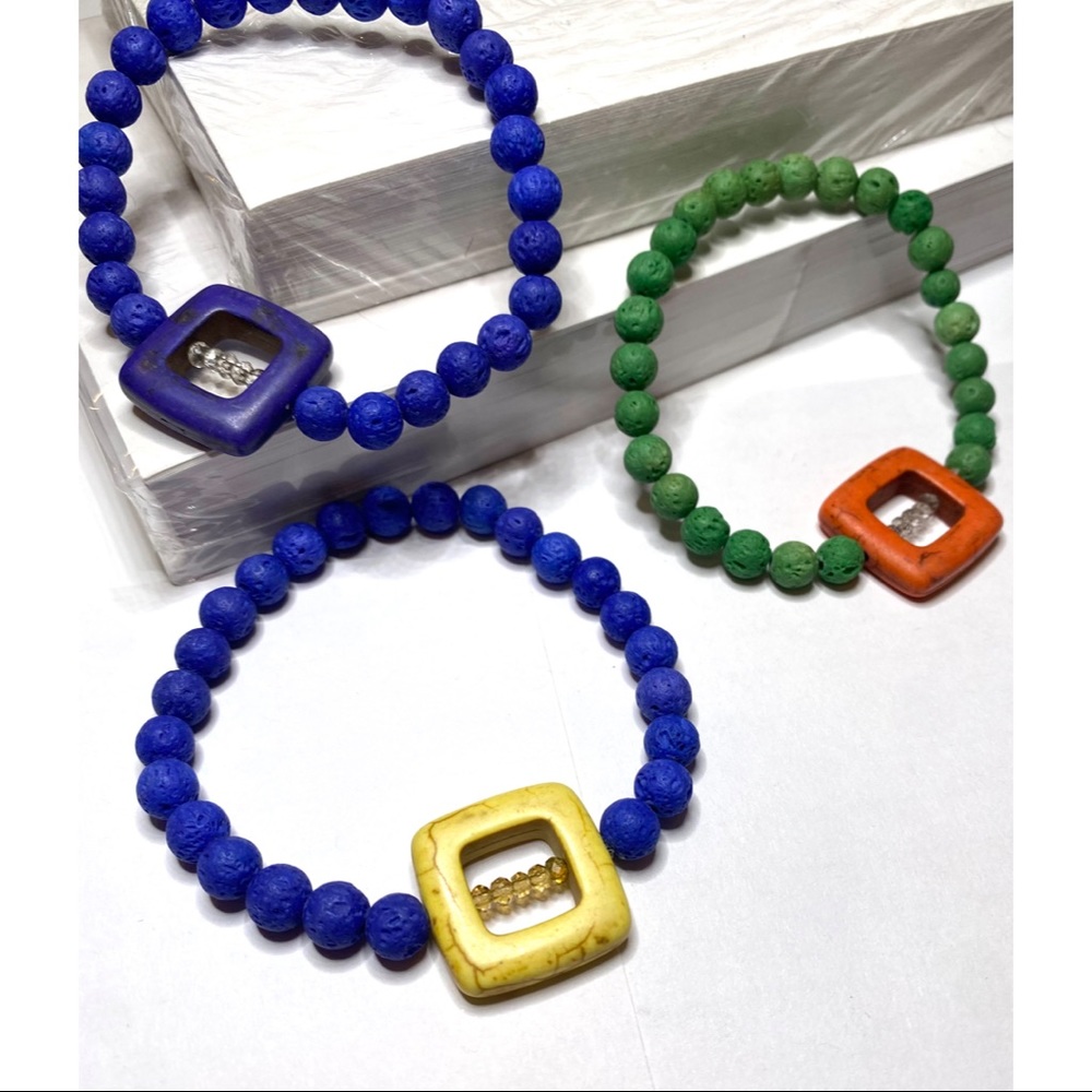 Set of 3 Blue & Green Lava Beaded Bracelets With Square Agate